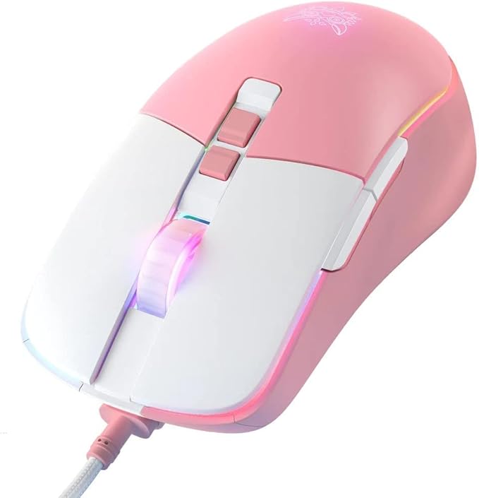 ONIKUMA CW916 Gaming Mouse - Optical Sensor 7,200 DPI - Braided Cable - RGB Lighting - DPI Controll Button - 7 Buttons -White Pink - T