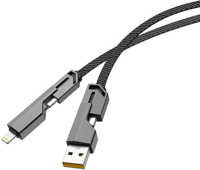 Stuffcool Quad Pro 4 in 1 Metal Flat Braided Indestructible Cable 1.5m 60W with lightning to type C, type C to C, Lighting to type A compatible for iPhones, iPads, Macbooks, Type C Laptops (Grey) - T