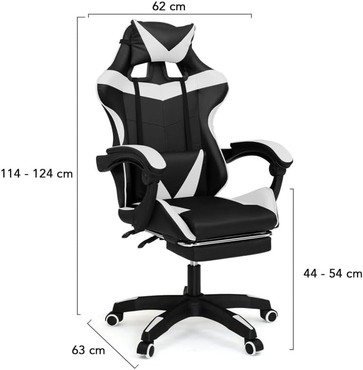 IDMarket - Alex Adjustable Gaming Chair with Footrest, Head Cushion and Lumbar Cushion Black and White - T