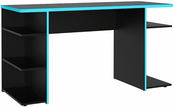 Madesa Gaming Computer Table and Office Desk with 5 Shelves and Cable Management, Wood, 136x75x60 Cm – Black/Blue - T