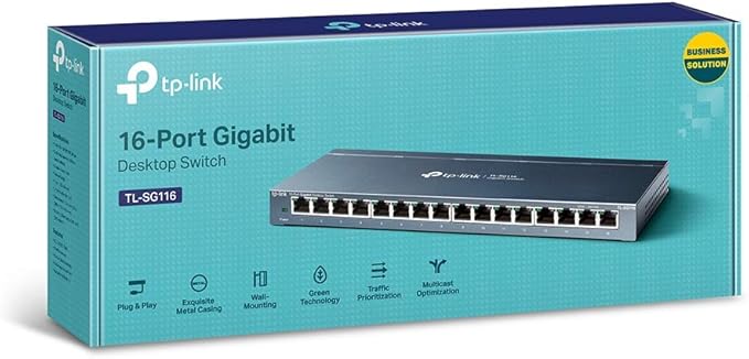 TP-Link 16 Port Gigabit Ethernet Network Switch, Desktop/ Wall-Mount, Fanless, Sturdy Metal w/ Shielded Ports, Traffic Optimization, Unmanaged, (TL-SG116) Black - T
