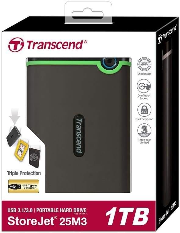 Transcend 1TB 2.5 inch USB 3.0 Military-Grade Shock Resistance Portable Hard Drive - T