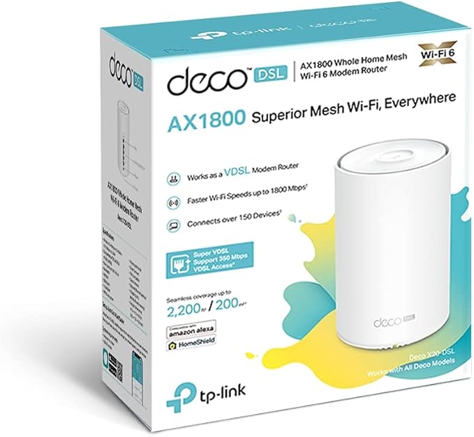 TP-Link AX1800 VDSL Whole Home Mesh Wi-Fi 6 Router, Dual-Band with 4x Gigabit WAN/LAN Ethernet ports, Connect up to 150 devices, Super VDSL2 Speed, HomeShield Security, Works with Alexa (Deco X20-DSL) - T
