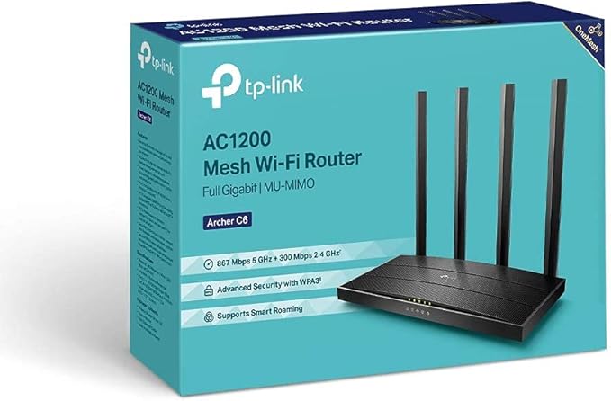 TP-Link AC1200 Wireless Dual Band Full Gigabit Wi-Fi Router, Wi-Fi Speed Up to 867 Mbps/5 GHz + 300 Mbps/2.4 GHz, 4+1 Gigabit Ports, Dual-Core CPU, Parental Control, Easy setup (Archer C6) - T