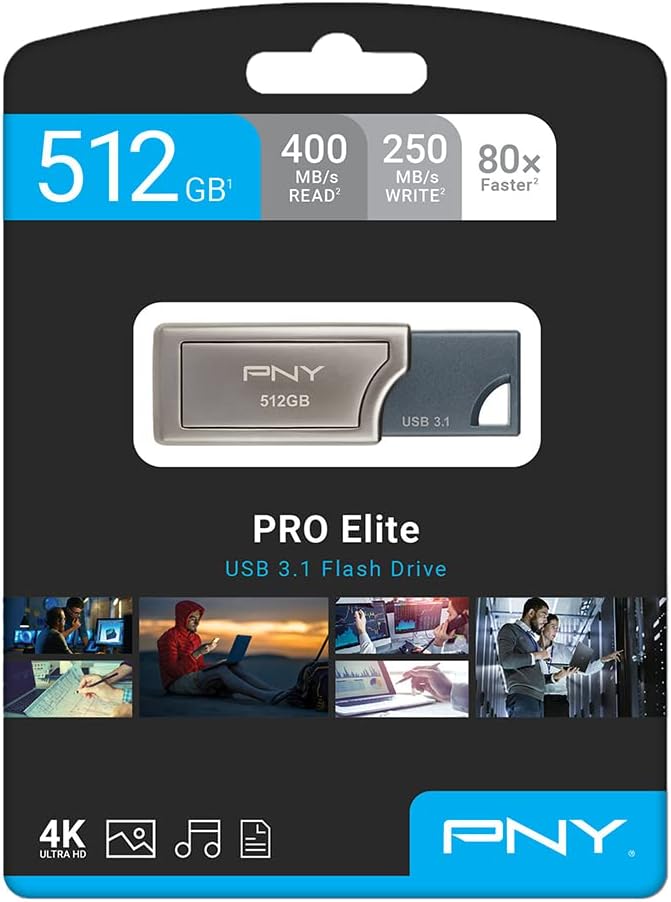 PNY PRO Elite USB 3.0 Flash Drive - 512GB, read speed up to 400MB/s, P-FD512PRO-GE, Silver - T