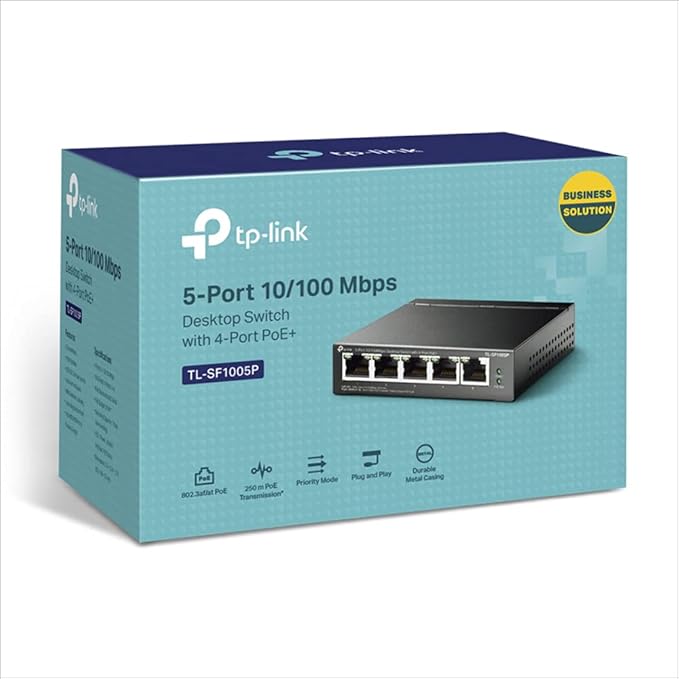 TP-Link PoE Switch 5-Port 100 Mbps, 4 PoE+ ports up to 30 W for each PoE port and 67 W for all PoE ports, Metal Casing, Plug and Play, Ideal for IP Surveillance and Access Point (TL-SF1005P) - T