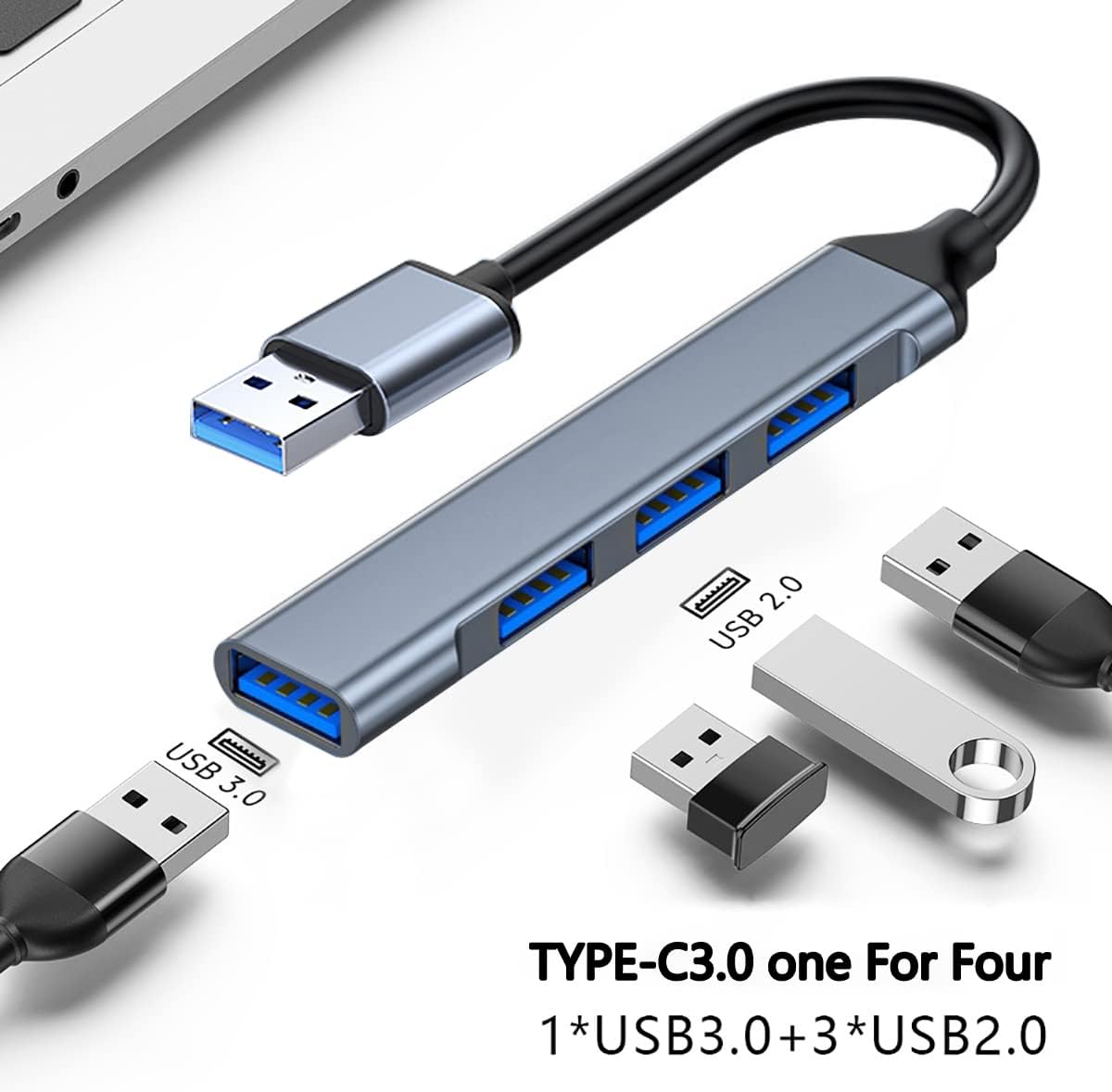 USB 3.0 Hub - with 4 Port Extender with 1 USB 3.0 & 3 USB 2.0 Multi USB Connector to Macbook Pro/Air, Xbox, Windows, iOS, Android, Vista, Multiple Port for PC - T