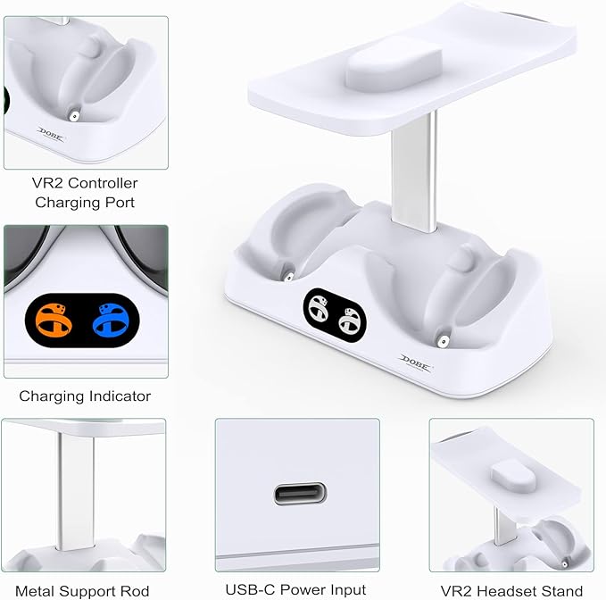 FASTSNAIL Dual Charging Stand for PS VR2, Controller Charging Station for PSVR2 Gaming Headset with Magnetic USB-C Port, Gaming Accessories for PS5 - T