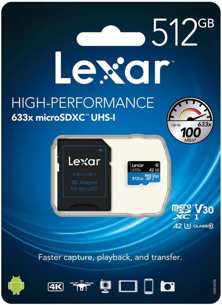 Lexar 633x microSDHC/microSDXC UHS-I Flash Memory 512 GB Class 10 – Flash Memory (512 GB, MicroSDXC, Class 10, UHS-I, 100 MB/s, Black, Blue) - T