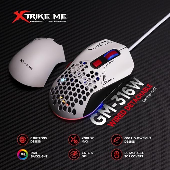 XTRIKE ME GM316 Gaming Mouse RGB USB – 7200 DPI – 7 Buttons – 2 Detachable Covers – RGB Lighting – 67G weight | (GM316W) - T