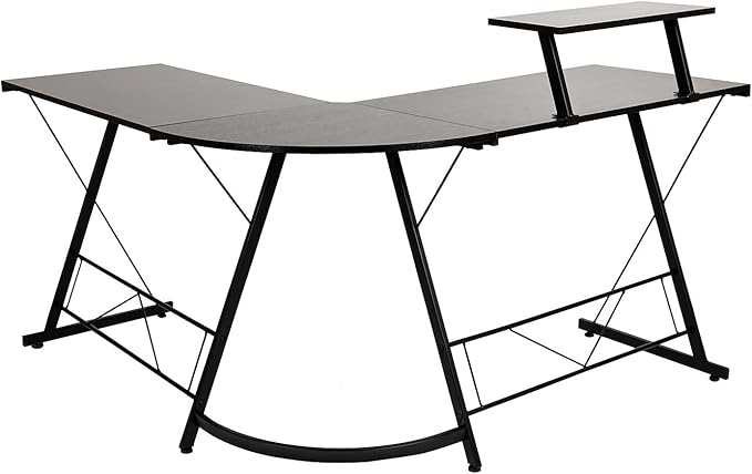 Flash Furniture Ginny Corner Desk - Black/Black Space Saving L-Shaped Gaming Desk with Monitor Shelf - 71.5" 2-Tier Computer Desk, Home Office Desk, Easy Assembly - T