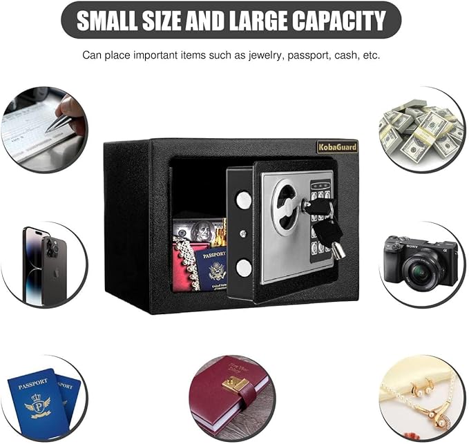 KobaGuard Electronic Security Safe Box for Hotel Home Office Business Steel Strongbox with Electronic Digital Lock and Pin Code Keypad to Protect Cash Money Jewelry Documents, Black (17E) - T