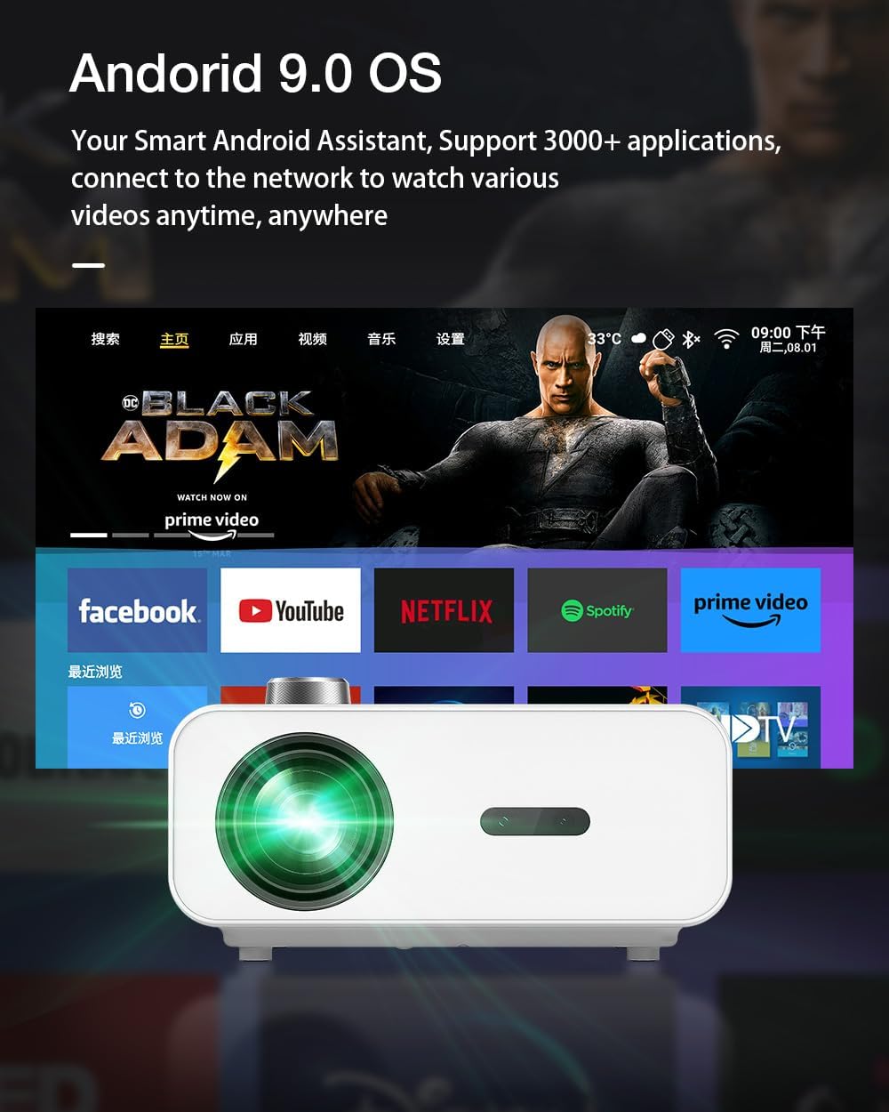 Cheerlux C50 Projector with Android 9.0, Mirroring, Wifi 5.0 and BT 5.1 - T