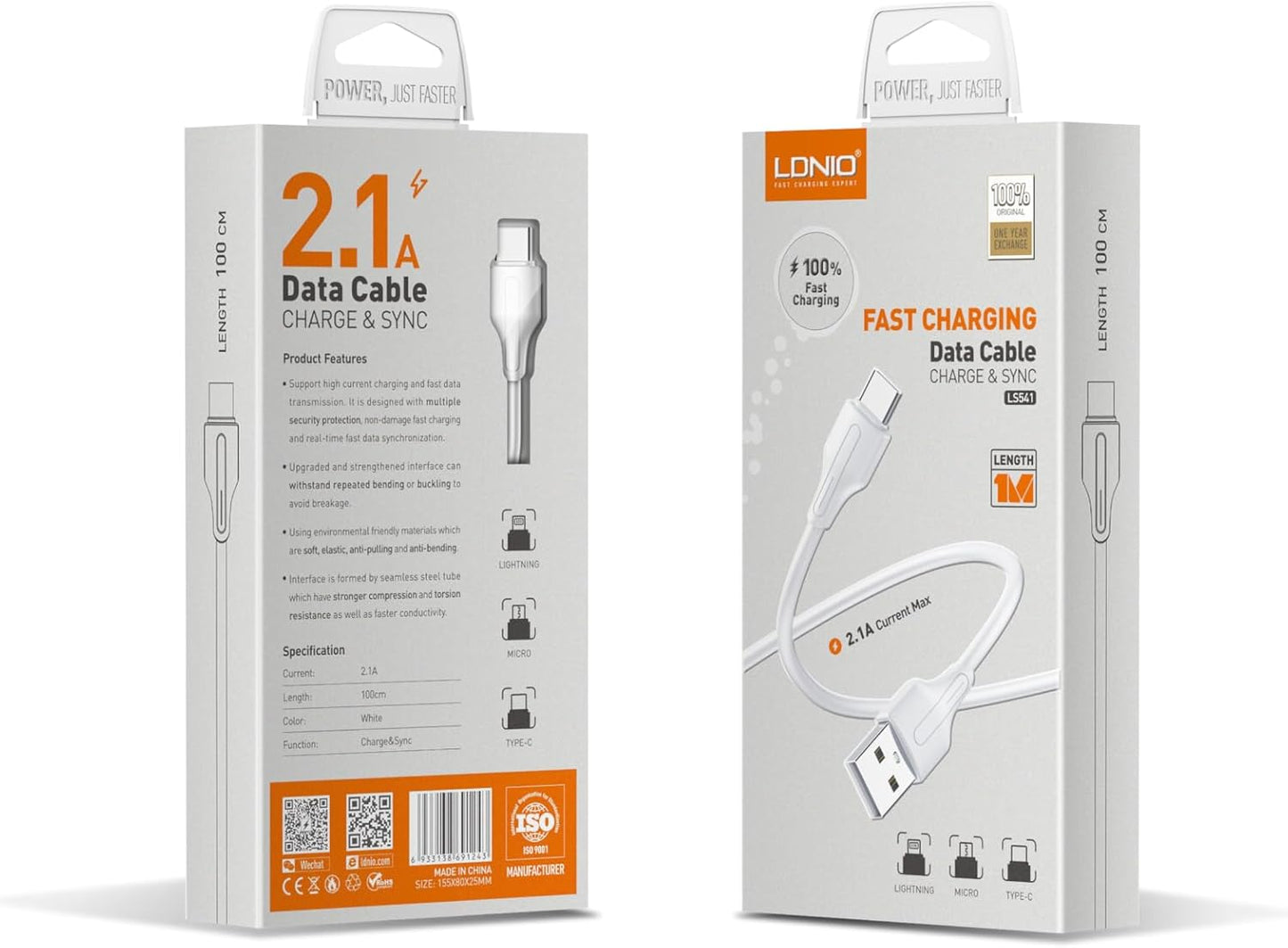 LDNIO LS541 Lightning 2.1A Fast charging Data Cable 1M Length - White - T