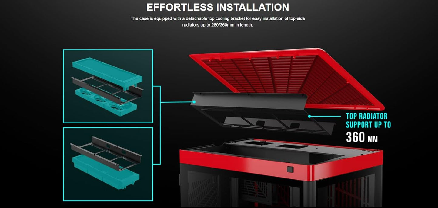GAMDIAS NESO P1 Black Red Full Tower ATX Case - One Touch Swing Open - Panoramic Tempered Glass Panel - Dual Cahmber - Dual Orientation - High Airflow - Cable Managment - Spacious Interior - T