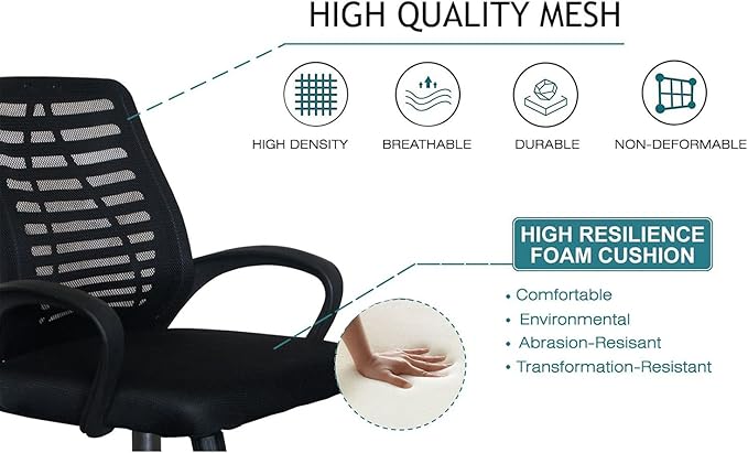 Karnak Home Office Chair Ergonomic 360° Swivel Mesh Desk Chair with Armrest Stainless Steel Base Adjustable Height Lumber Support Rotating Mesh Chair Mid-Back – Black - T