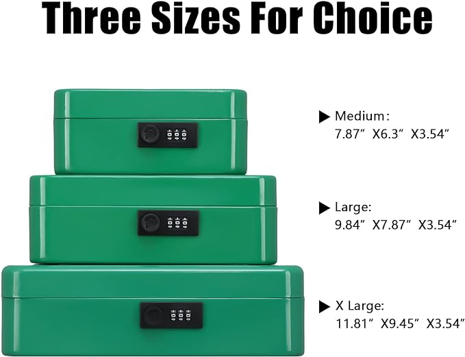 KYODOLED Cash Box with Combination Lock,Safe Metal Box for Money,Storage Lock Box with Money Tray,7.87"x 6.30"x 3.54" Green Medium - T