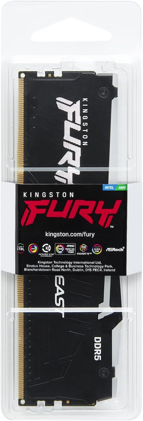 Kingston Fury Beast DDR5 RGB 16GB 6000MT/s DDR5 CL40 DIMM Desktop Gaming Memory Single Module - KF560C40BBA-16 - T