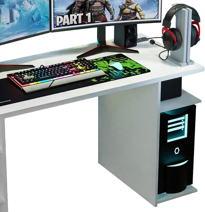 Madesa Gaming Computer Desk with 5 Shelves, Cable Management and Large Monitor Stand, Wood, 60 D x 136 W x 75 H cm – White - T