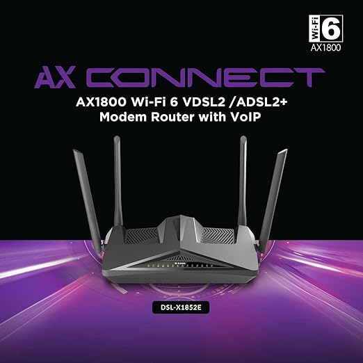 D-Link DSL-X1852E WI-FI 6 Wireless AX 1800 Dual-Band Gigabit VDSL2/ADSL2+ IAD with 4 Gigabit LAN Ports, 1 Gigabit WAN, 2 FXS, 1 x USB 3.0, 4 x external antennas, Wi-Fi Mesh - T