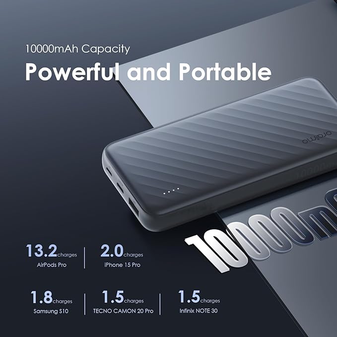 Oraimo Slice Link Pro 22.5W Super Fast Charging Powerbank 10000mAH, 3 built in Charging Cable,Universal Compatibility,Multi-Layer Protection - T