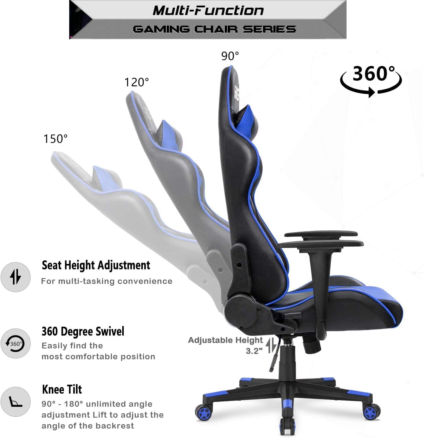 Mahmayi C599 PU Leather Adjustable Gaming Chair Ergonomic Design High Back Lumber Support Adjustable Neck Pillow Steel Frame Strong Nylon Base for Home & Office - Blue/Black - T