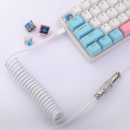 Redragon A115 Coiled USB-C Keyboard Cable, Custom Type-C Mechanical Gaming Keyboard Cable, Detachable Aviator Connector Double-Sleeved Cable - 5.28ft, White - T