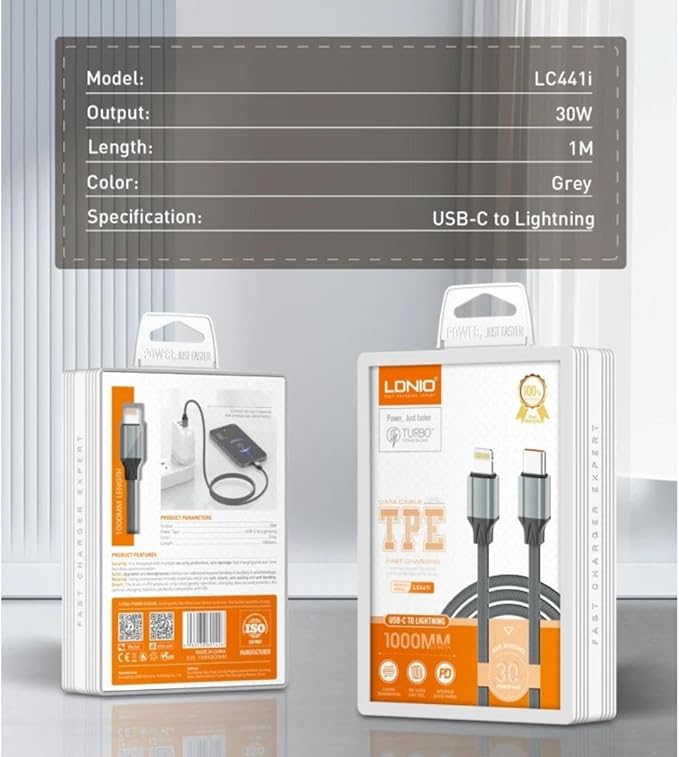 LDNIO LC441C 65W Fast Charging Data Cable Type-C To Type-C With 1M Length With Preventing Overheating Feature - Grey - T