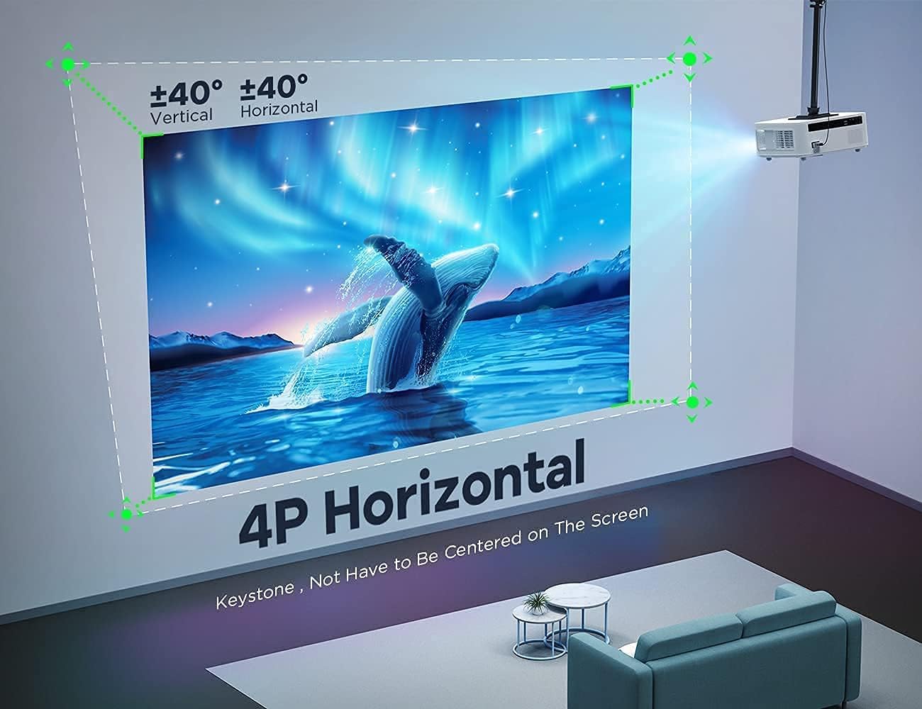 Full HD 1080P Bluetooth Projector, 2.4+5G WiFi Portable Projector Support 4K, 8000 Lumens, 10000: 1 contrast, 50% Zoom for Outdoor, Smartphone, Home Cinema, Movie, TV Stick, HDMI, USB - T