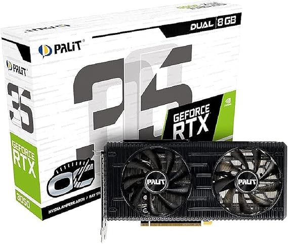 Palit GeForce RTX 3050 Dual OC Twin Fan Graphics Card, 8GB GDDR6 128 Bit Memory, 2560 Cuda Cores, 1822 MHz Boost Clock, 14 Gbps, PCI-E 4.0 Bus, 224 Gb/sec BW, HDMI, DP | NE63050T19P1-190AD NON LHR - T
