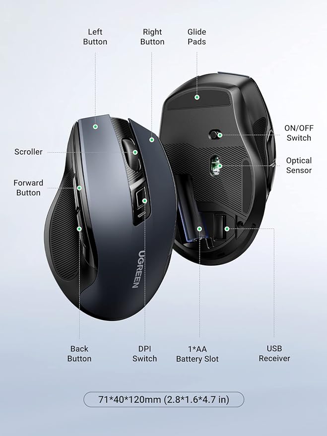 UGREEN Silent Wireless Mouse, Ergonomic Mouse 2.4GHz 4000 dpi with USB Receiver, Computer Mouse 5 Adjustable DPI Levels 5 Bontones for PC, Laptop, Macbook, Windows 11 10, macOS, Linux - T