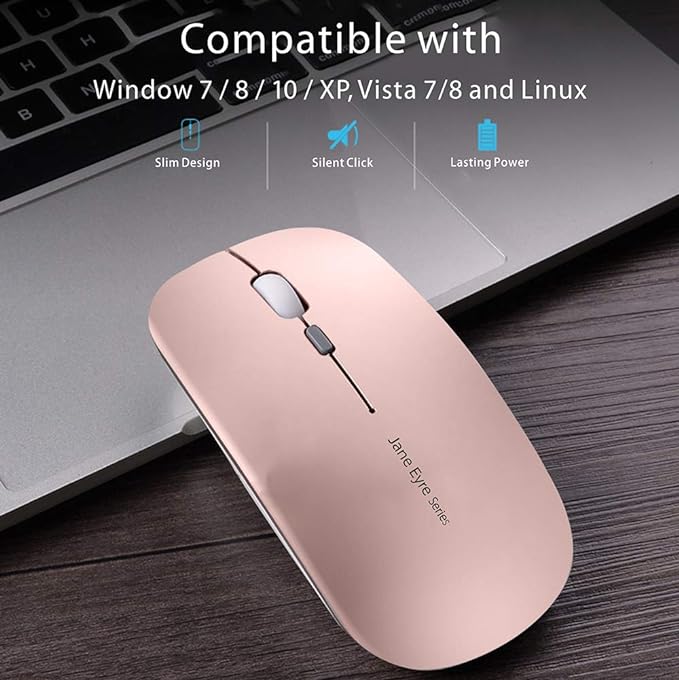 Uciefy Q5 Slim Rechargeable Wireless Mouse, 2.4G Portable Optical Silent Ultra Thin Wireless Computer Mouse with USB Receiver and Type C Adapter, Compatible with PC, Laptop, Desktop (Rose Gold) - T