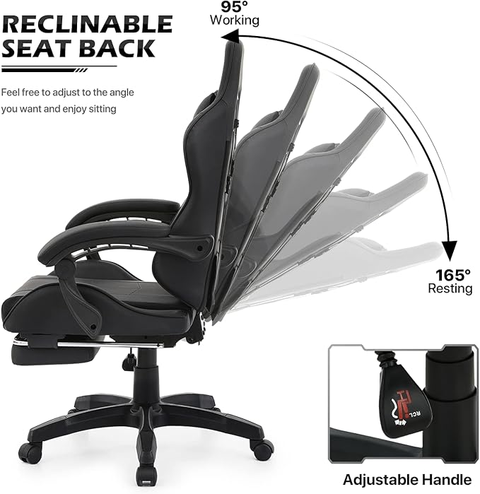 MoNiBloom Computer Gaming Chair with Footrest and Lumbar Support, Adjustable Hight Ergonomic Racing Chair for Adult Teen Office or Gaming, Carbon Fiber Leather High Back Video Game Chair, Black - T
