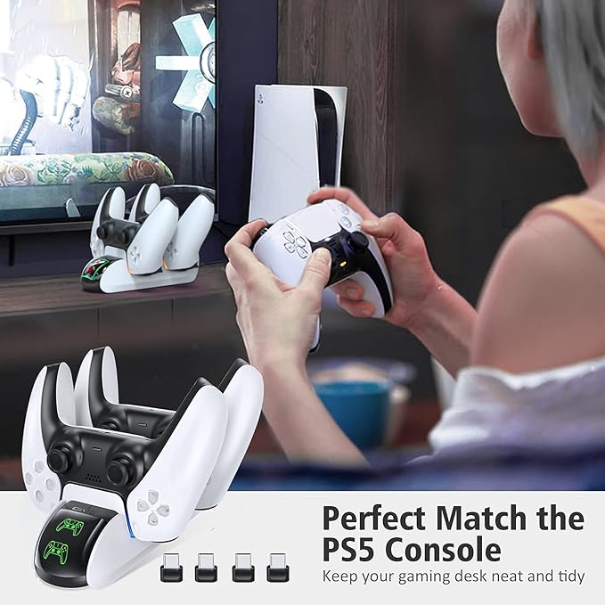 OIVO PS5 Controller Charger, Controller Charging Dock with 4 USB C Dongles and LED Strap for Sony Playstation 5, Fast PS5 Controller Dual Charger for Playstation 5 Wireless Controller - T