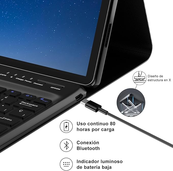 WAVATA Case with Keyboard Samsung Galaxy Tab S9 Plus 12.4 Inches – Spanish Keyboard Tablet Samsung Tab for S9+/S8+/S7+/S7FE 12.4 Inches, Detachable Wireless Bluetooth Keyboard with Case, Black - T