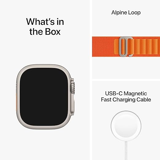 New Apple Watch Ultra GPS + Cellular, 49mm Titanium Case With Orange Alpine Loop - Medium, USB - T