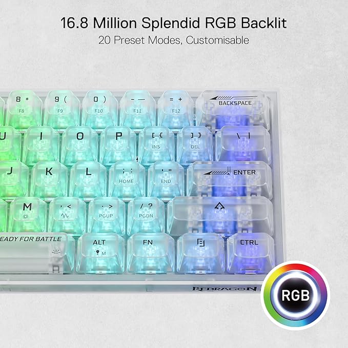 Redragon K617 SE 60% Wired RGB Gaming Keyboard, 61 Keys Compact Full-Transparent Mechanical Keyboard w/Translucent Board, Custom Linear Switch, Pro Driver/Software Supported - T