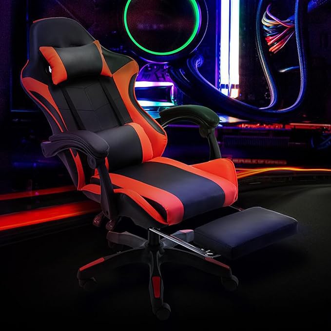 OHAHO Gaming Chair, Office Chair High Back Computer Chair Leather Desk Chair Racing Executive Ergonomic Adjustable Swivel Task Chair with Headrest and Lumbar Support (red) - T
