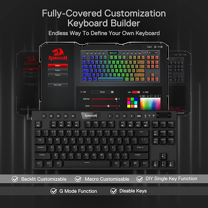 Redragon K622 Horus TKL RGB Mechanical Keyboard, Ultra-Thin Designed Wired Gaming Keyboard w/Low Profile Keycaps, Dedicated Media Control & Linear Red Switch, Pro Software Supported - T