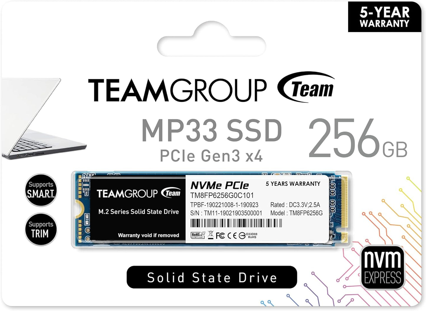 TEAMGROUP MP33 256GB 3D NAND NVMe PCIe M.2 SSD - TM8FP6256G0C101 - T