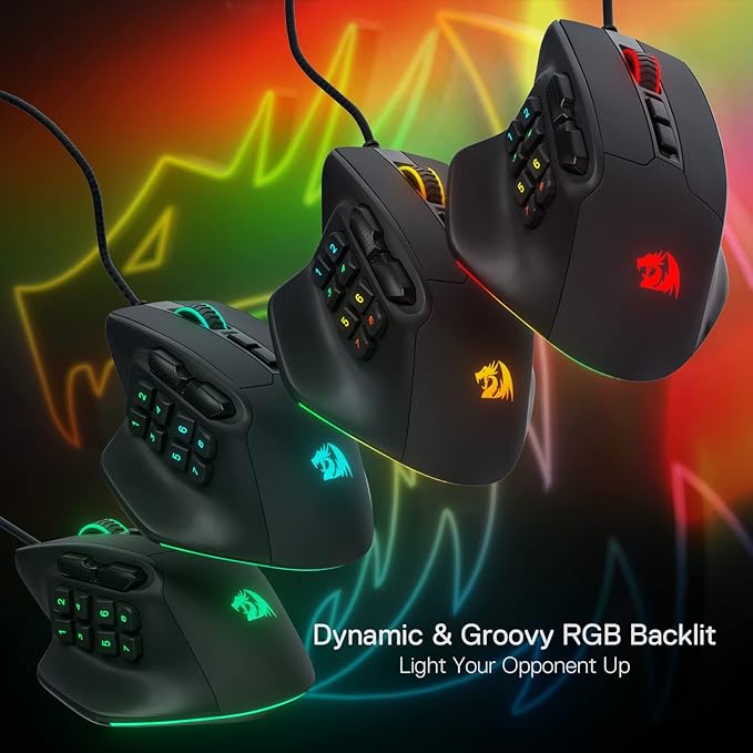 Redragon M811 Aatrox MMO Gaming Mouse, 15 Programmable Buttons, Wired RGB Gaming Mouse with Natural Ergonomic Grip, 10 Side Macro Keys - T