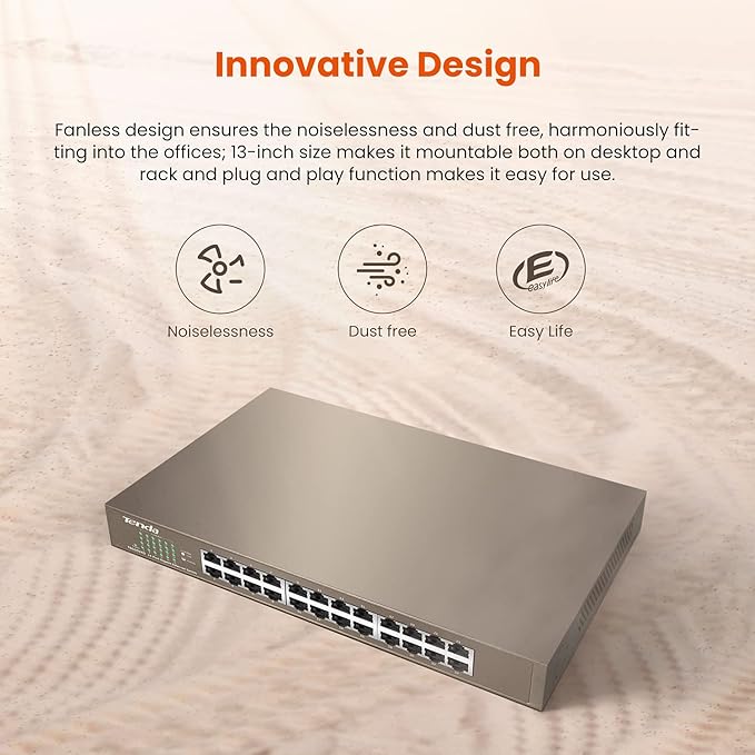 Tenda 24-Port Network Gigabit Switch, Ethernet Switch, Internet Switch Hub, Ethernet Splitter with Sturdy Metal for Desktop/Wall/Rack Mount, Plug and Play (TEG1024D) - T