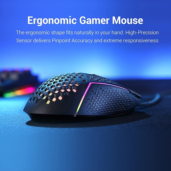 Redragon M987 Wired Ultra-Lightweight Gaming Mouse 55 g Honeycomb RGB Backlit 6 Buttons Programmable with 12400 DPI for Windows PC Computer - T