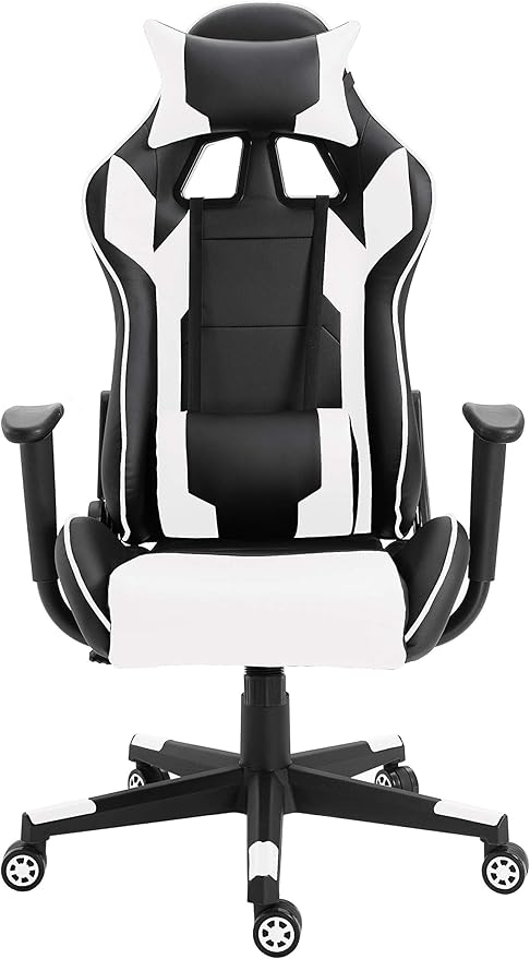 MAHMAYI OFFICE FURNITURE C599 Adjustable PU Leather Gaming Chair - PC Computer Chair for Gaming, or Students, Ergonomic Back Lumbar Support (White & Black, No Footrest) - T