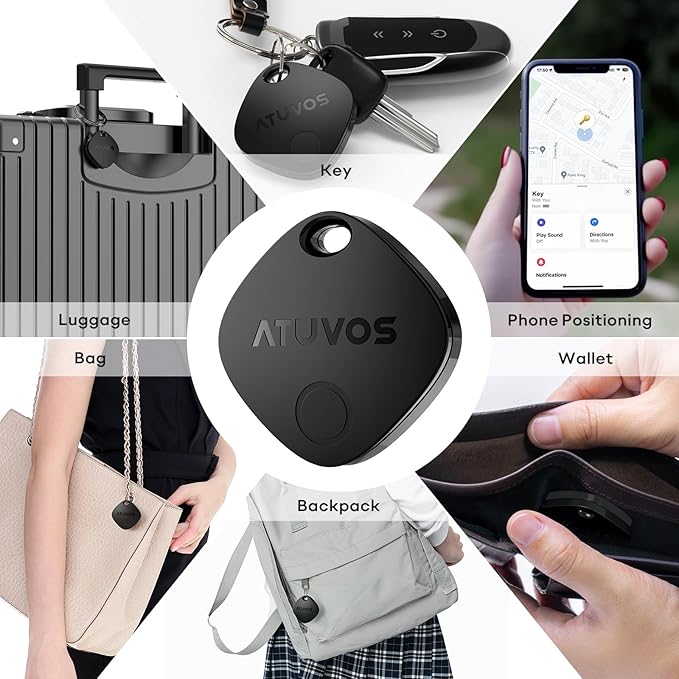 ATUVOS Air Tracker Tag Item Finder-2 Pack, Compatible with Apple Find My (iOS Only), Replaceable Battery, IP67 Waterproof, for Keys, Luggages, Suitcases, Wallets, Bags, Black - T