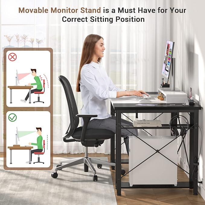 armocity Computer Desk, 55 Inch Desk with Power Outlet and USB, Reversible Large Desk with Moveable Monitor Stand, Industrial Gaming PC Table for Home Office, Workstation, White and Black - T