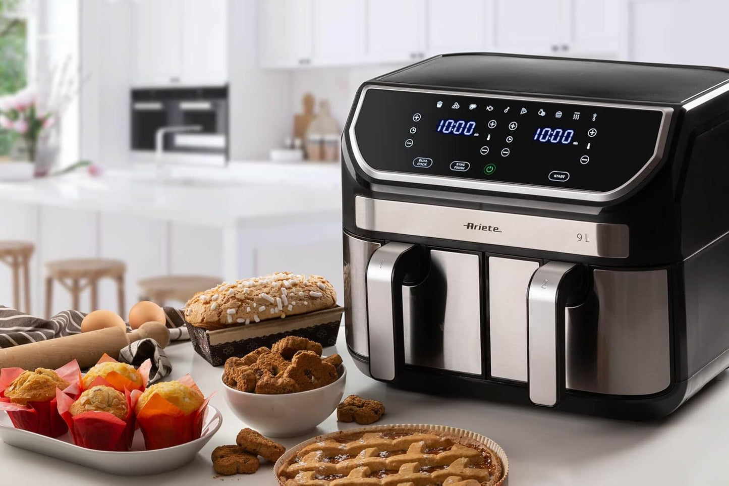 Ariete 4625 Air Fryer 9L – 11 Preset Programs, Digital Display, Dishwasher Safe Dual Basket, Rapid Air Technology, Adjustable Temperature from 80°C-200°C - T