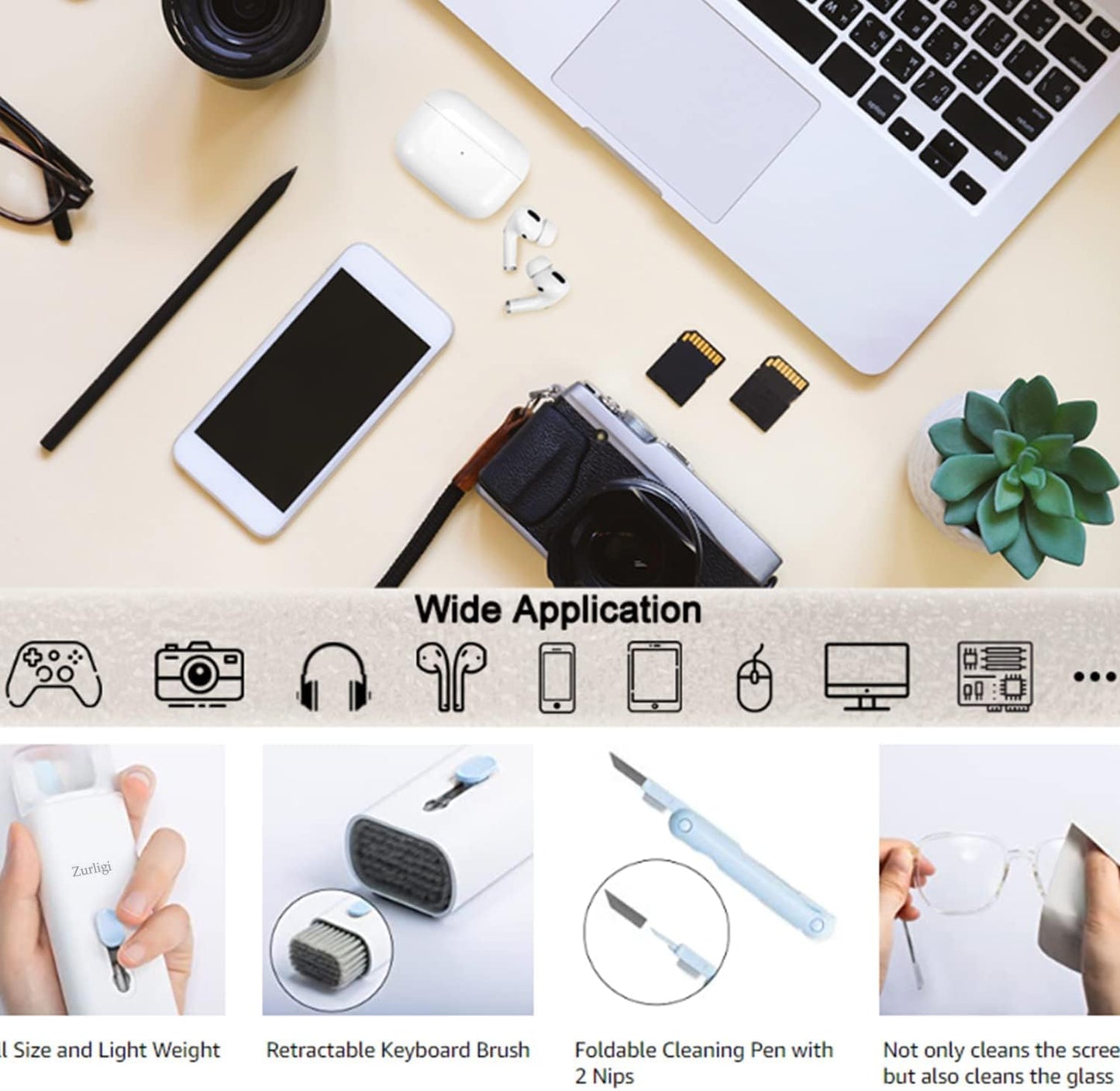 7-in-1 Cleaner Set, Laptop Screen Keyboard Earbud Cleaner Kit for Airpods MacBook iPad iPhone iPod, Multi-Function Cleaning Pen Brush Tool Key Remover for PC Monitor, Computer, Headphone (Blue) - T