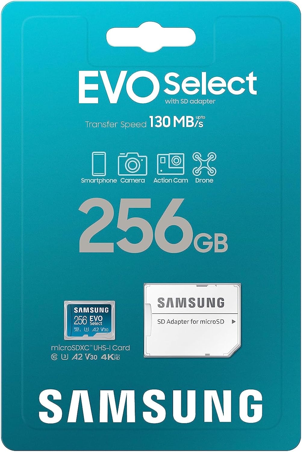Samsung EVO Select 256GB microSDXC UHS-I U3 130MB/s Full HD & 4K UHD Memory Card inc. SD-Adapter (MB-ME256KA/EU), Blue - T