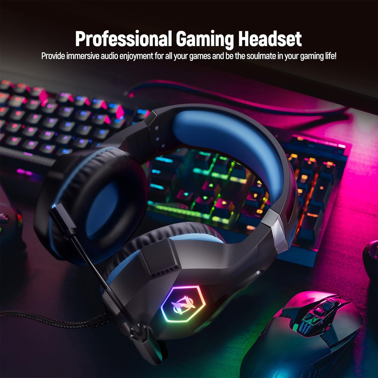 Gaming Headset PS4 Headset with 7.1 Surround Sound, Xbox One Headset with Noise Cancelling Flexible Mic with 2pcs Mic Cover RGB LED Light Memory Earmuffs for PS5, PS4, Xbox one, PC, Nintendo Switch - T